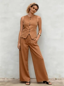 Women's Tailored Set Wide Leg Pant With Vest Elegant Casual Plain Social Simple Button Pocket Plain Women's Suit, High-Waisted Straight Casual Pants, V-Neck Cardigan, Sophisticated Look, High Quality, Modern Look, Versatile Piece, Elegant Style, Two-Piece Set, Casual Chic Look, Comfortable And Stylish, Skirt With Pockets, Elastic Waistband, Eye-Catching Piece, Perfect For Spring And Summer, Blogger Style, Casual And Formal, Suitable For All Occasions, Elegant And Fresh, Feminine Look, Summer 2025 Collection. - 摩卡棕 - 查看 1