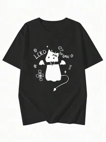 女士黑色针织圆领短袖T恤，印有趣味快餐图案，常规长度，略有弹性 - 黑色 - 查看 6