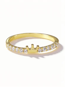 Flyleaf 1pc Elegant Luxury 925 Sterling Silver 18K Gold Plated Crown CZ Stone Ring, Personalized Jewelry Gift For OL/Commute - Gold - View 3