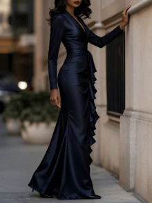 Black Satin Wrap Maxi Dress: Long-Sleeve Ruffled High-Low Gown For Formal Evening Events & Elegant Cocktail Parties - Navy Blue - View 2