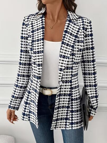 Áo blazer kẻ caro thanh lịch, áo blazer tay dài đa năng phù hợp mặc hàng ngày.