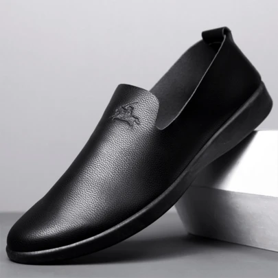 1 Pair (Run Small) Men's Soft Sole Soft Leather Slip-On Casual Loafers, Suitable For Office Work, Running, Driving, Black Color, All Season