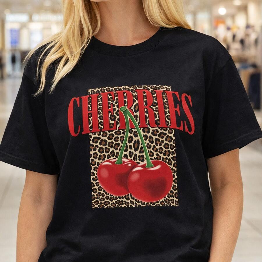 Camiseta de algodón para mujer con estampado de cerezas y leopardo, de manga corta, informal, para uso diario o como camiseta conmemorativa para amigos o seres queridos. También es adecuada como suéter. Entrega rápida. - Negro - Ver 1