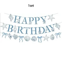 1 Set/2 Sets/3 Sets/5 Sets Blue Bow, Starfish, Shell Happy Birthday Banner Decorations, Suitable For Ocean Beach Theme Birthday Party, Mermaid Summer Holiday Decor - Blue - View 7