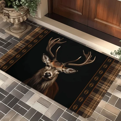 复古乡村风格鹿纹门垫，农舍鹿图案地垫，鹿图案地毯，鹿装饰门垫，圣诞鹿图案地垫，复古动物纹地毯，农场风格装饰地毯，乡村复古地毯，农舍装饰地毯