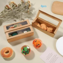 5-20pcs Minimalist Western Style Pastry Boxes, Macaron Boxes With Flip-Top Clear PVC Window, White Cardboard Cookies, Candy, Dessert Packaging Boxes - Brown - View 7