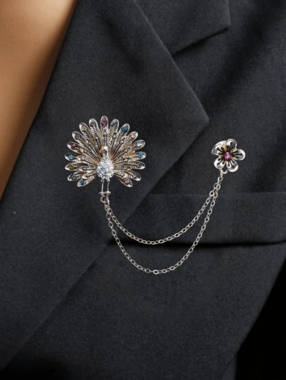 1pc Colorful Rhinestone Peacock Brooch, Floral Chain Tassel Lapel Pin Clothing Accessory