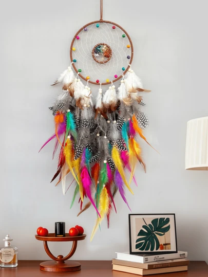 1 pieza Atrapasueños con árbol de la vida de cristal y pluma, atrapasueños con piedra de cristal en forma de árbol de la vida, adorno colgante de alta gama para decoración de habitación