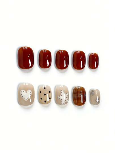 10pcs It Showcases A Warm Color Palette Of Reddish-Brown And Beige, Adorned With Cute 3D Heart And Star Accents, As Well As Classic Polka Dots And Plaid Details. The Glossy Finish And Playful Elements Exude A Sweet Yet Edgy Vibe. This Stylish And Versatile Design Is Perfect For Adding A Touch Of Personalized And Warmth To Everyday Outfits, Making It Ideal For Dates, Casual Gatherings, And Autumn/Winter Wear.