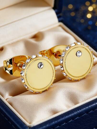 Women's Gold-Plated Round Stud Earrings, Framed With Paved Zirconia Stones, Minimalist Elegant Style, Suitable For Daily Commute And Workwear, An Ideal Gift For Fashion Enthusiasts