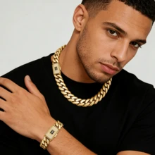 2pcs 14K Gold Plated Hip Hop Jewelry Set For Men, 14mm Thick Stainless Steel Curb Link Chain, Punk Clamshell Buckle Necklace & Bracelet - Gold - View 11