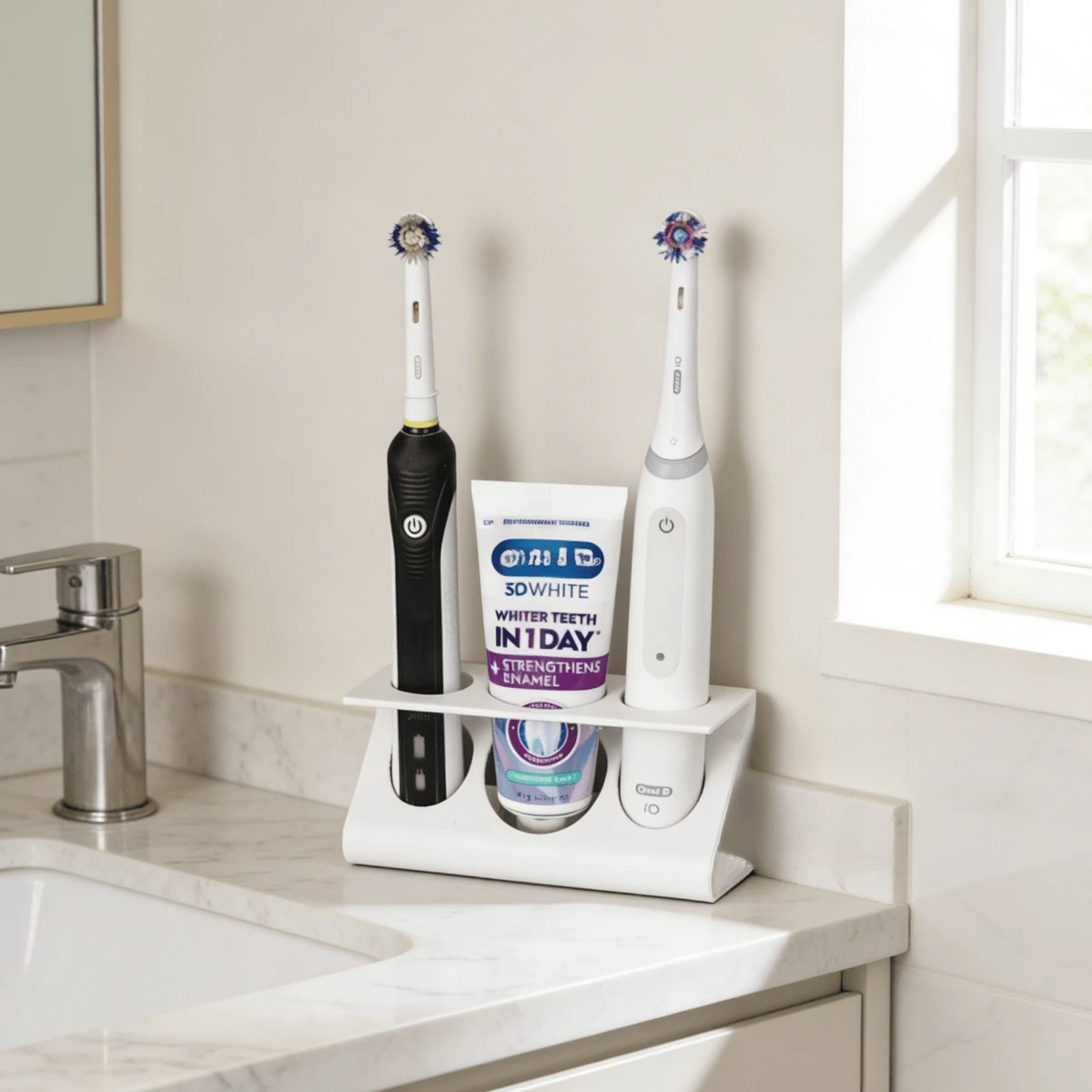 Organizador eléctrico de 3 ranuras para cepillo de dientes y pasta de dientes, estante organizador de baño, estante de almacenamiento para encimera de tocador, soporte para maquinilla de afeitar - Blanco - Ver 1