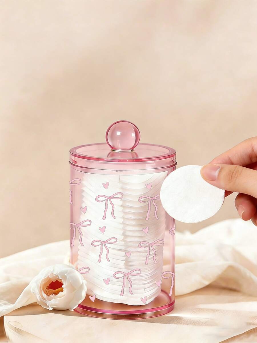 Cute Bow Print Makeup Pad Storage Box, Cotton Swab And Floss Storage Jar, Acrylic Transparent Makeup Pad Canister, Cosmetic Storage Box, Suitable For Home, Office, Desk - Multicolor - View 1