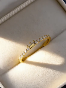 Flyleaf 1pc Elegant Luxury 925 Sterling Silver 18K Gold Plated Crown CZ Stone Ring, Personalized Jewelry Gift For OL/Commute - Gold - View 1