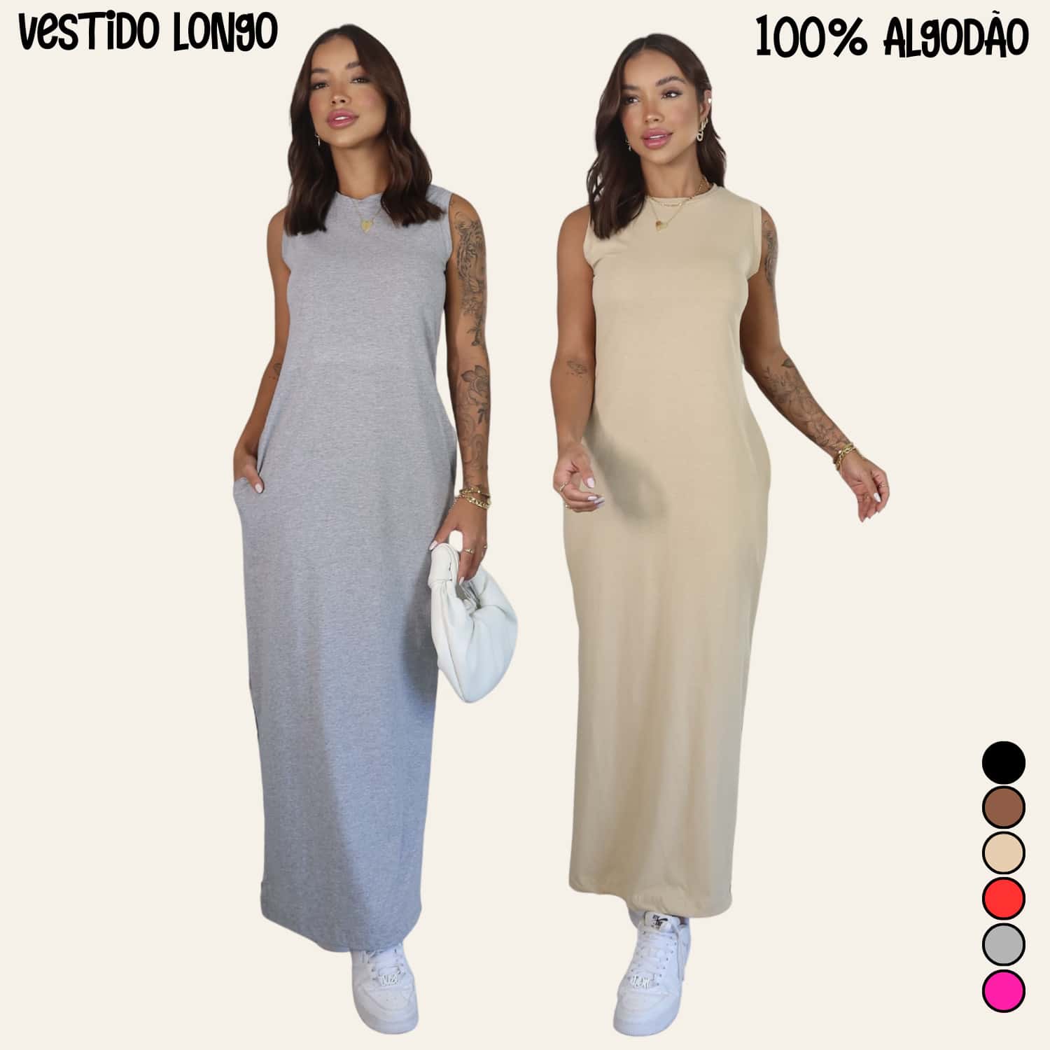 Women's Long Dress Set With Side Slit And Pockets - Gray + Beige - View 1