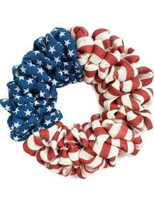 1个30厘米2D爱国美国国旗主题高品质亚麻花环，采用蓝色星星印花和红白条纹印花双层设计，圆形，带有纹理褶皱细节，适合前门装饰，非常适合7月4日独立日、阵亡将士纪念日、劳动节和日常爱国家居装饰。 - 彩色 - 查看 9