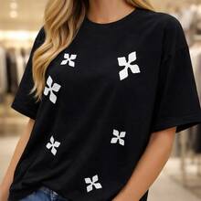 Camiseta de algodón para mujer, camiseta blanca de talla grande con patrón de cruz negra, manga corta, estilo casual, para uso diario o como camiseta conmemorativa para amigos o seres queridos. También adecuada como suéter. Entrega rápida. - Negro - Ver 6