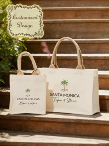 Customized Personalized Wedding Woven Tote Bag - Can Customize Name And Date, Palm Tree Pattern Design, Natural Canvas And Palm Woven Handles - Suitable For Beach Wedding, Garden Wedding, Bridal Party Or Honeymoon Gift, Customized Fashionable Unique Personalized Wedding Palm Woven Tote Bag - Name And Date, Palm Tree Pattern, Beach Style - Bridal Party And Honeymoon Gift - Multicolor - View 2