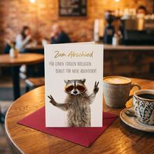 Tarjeta de felicitación con sobre con diseño de mapache, tarjeta de despedida, tarjeta de felicitación para jubilación, cambio de trabajo, hombre, mujer, colega, amigos - A - Ver 3