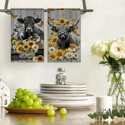 2/4/48pcs Polyester Kitchen Dishcloths, Soft & Durable, Sunflower & Cow Pattern With Butterfly Decor, Suitable For Kitchen & Holiday Decoration, Multi-Purpose, Highly Absorbent Cleaning Towels