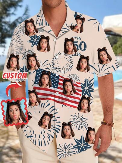 1pc Customized Men's Hawaiian Shirt, Personalized 250th Anniversary Of US Independence Day Print, Brazil Collar Button-Up Shirt, Customized Men's Summer Casual Wear, Suitable For Sports, Daily, And Holiday Occasions, Gift For Boyfriend, Husband, Family, Friends