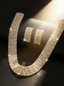 Conjunto de collar y aretes con amplio cuello muy enjoyado, joyería brillante para fiestas, Pascua, Día de la Madre - Dorado - Ver 5