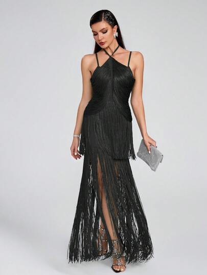  Vestido de punto negro de verano de Girsdy, con diseño de halter, unicolor, minimalista, con flecos tejidos a mano, sin mangas, elegante vestido de cóctel para fiestas, vestido de punto para ocasiones formales como bodas y primavera