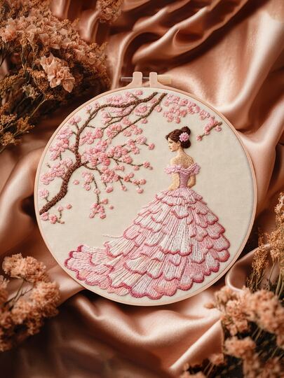 قطعة واحدة من طقم التطريز، 20 * 20 سم / 7.9 * 7.9 بوصة، طقم تطريز يدوي DIY، جمال تحت شجرة الكرز، مناسب للمبتدئين البالغين، يشمل قماش التطريز، دليل التعليمات، إطار التطريز والإبرة والخيط، مناسب كهدية لأصدقائك أو عائلتك، أعمال فنية يدوية للأثاث أو المكتب