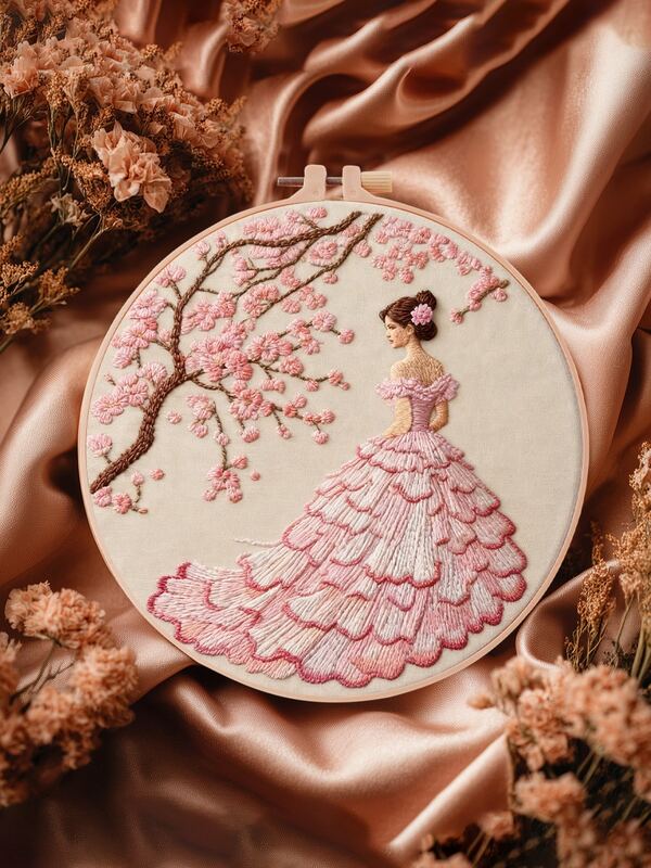 Kit de Bordado DIY (1 peça), 20x20 cm, feito à mão, tema "Beleza sob uma Cerejeira em Flor", ideal para iniciantes adultos. Inclui tecido para bordar, manual de instruções, bastidor, agulha e linha. Perfeito como presente para amigos ou familiares, para decorar móveis ou escritórios.