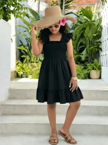 少女简约时尚黑色荷叶袖方领荷叶边下摆度假连衣裙，修身上衣，适合春夏休闲海滩穿着，适合8-12岁女孩 - 黑色 - 查看 5