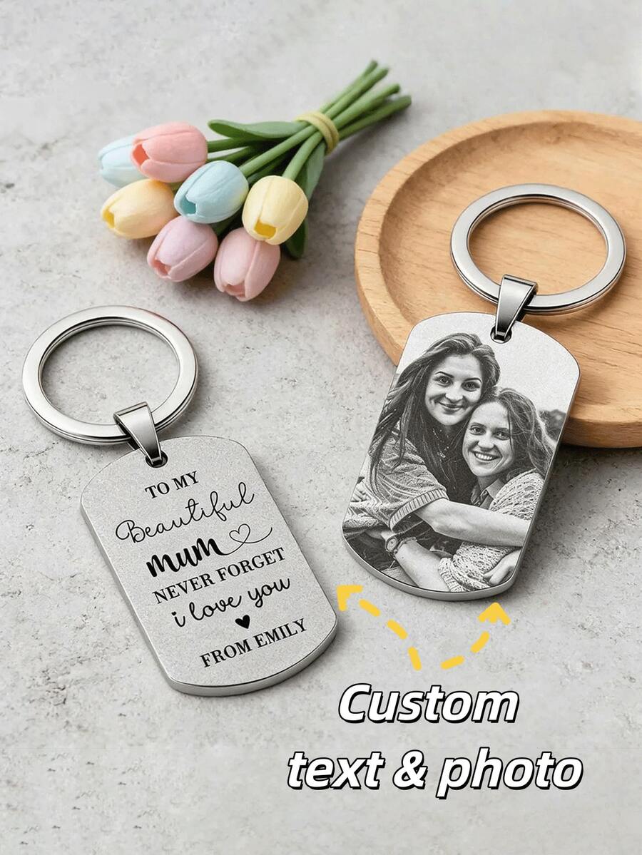 Personalized Photo Keychain, Stainless Steel Material, Customizable Message, Birthday Or Mother's Day Gift For Mom, Grandma, Aunt, Precious Keepsake To Express Love - Section 4 - View 1