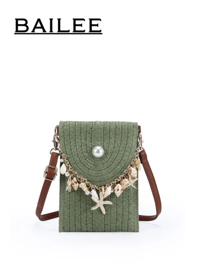 BAILEE 1 Casual And Simple Bohemian Vacation Solid Color Paper Woven Phone Bag, Shoulder Bag, Crossbody Bag With Natural Shell And Pearl Chain Pendant Decoration, Suitable For Women's Vacation Travel, Fashion Outfits, And Shopping With Friends (Natural Shells Are Used During The Production Process, So Size And Color May Vary Slightly, Which Is Normal)