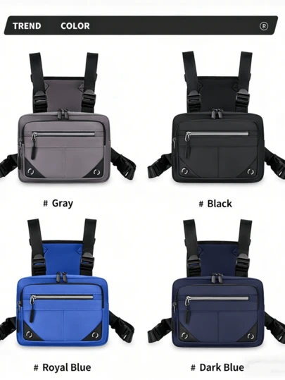 4 Colors Available: Black/Gray/Royal Blue/Navy Blue, Fashion Minimalist Men's Chest Bag, Personality Street Tactical Men's Vest Bag, Casual Sports Functional Chest Pack, Multi-Pocket, Zipper Closure, Can Hold Phone, Wallet, Keys, Folding Umbrella, Reflective Strip, Lightweight & Portable, Suitable For Cycling, Travel, Outdoor Sports, Holiday Essential, Gift For Men, Boyfriend, Personality Gift, Holiday Gift, Valentine's Day Gift