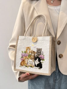 卡通猫咪印花手提袋，字母图案，可重复使用印花手提包，女士双提手购物袋/背包，大容量单肩包，休闲手提袋，情人节收纳袋，返校午餐包，适合通勤、上学和购物，方便户外活动 - 彩色 - 查看 5