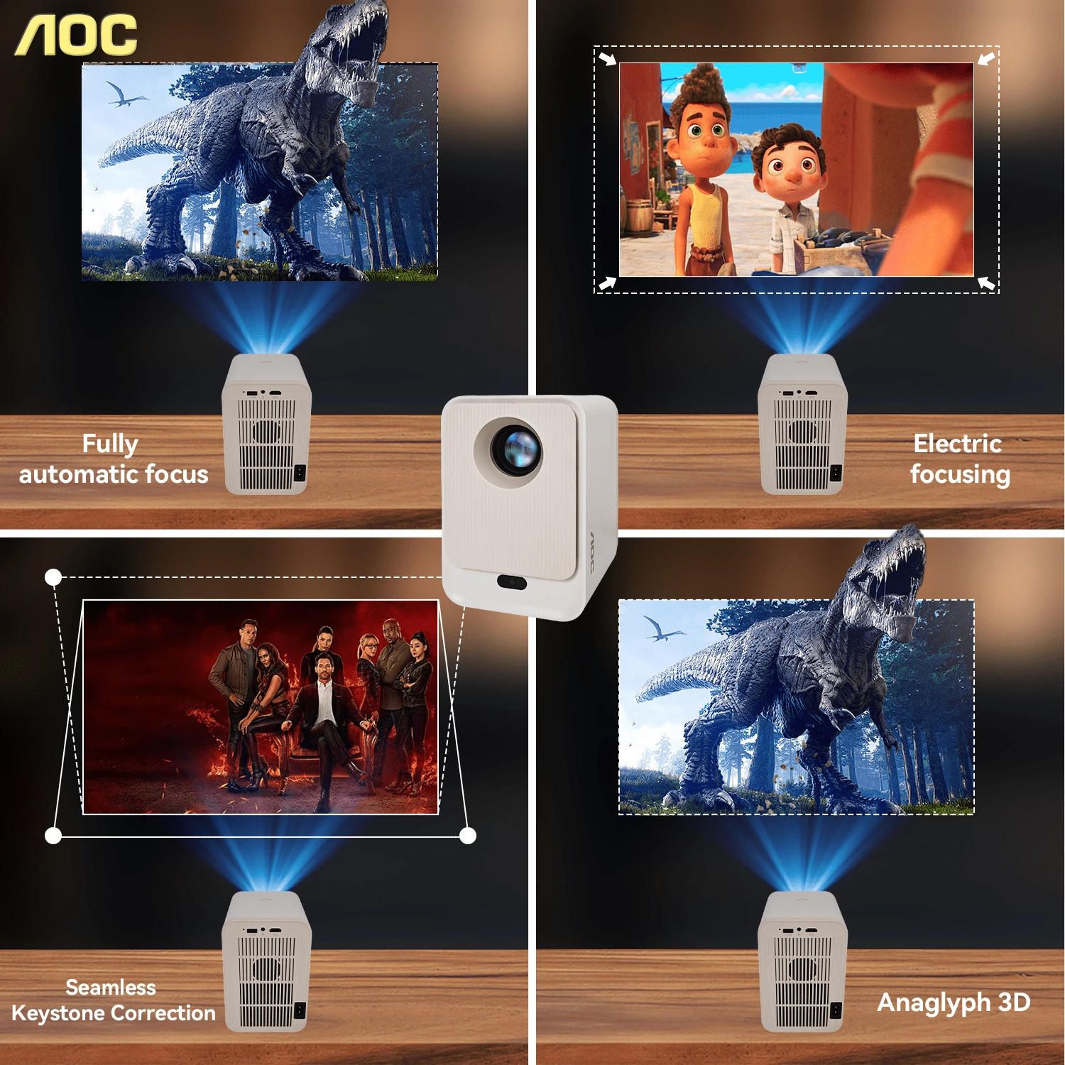 Proyector AOC Full HD con Diseño Totalmente Sellado, Native 1080p y soporte 4K, 9000 Lúmenes, Auto Focus, Android 12.0, WiFi6 y BT 5.0, Pantalla 250", Conexión para Teléfono/PC/HDMI/USB, Portátil para Hogar y Exterior