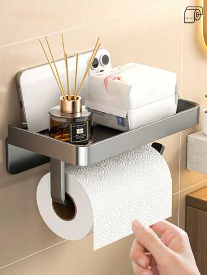 حامل ورق التواليت مع رف تخزين - مثبت على الحائط، لاصق ذاتي أو تثبيت بالمسامير، بدون حاجة للحفر، يحمل ورق التواليت والهواتف، ديكور حمام، ديكور خريفي