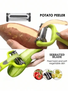 三合一不锈钢旋转削皮器，适用于土豆、苹果、蔬菜，包含 I 型和 Y 型削皮器，并带有切丝功能。 - 彩色 - 查看 3