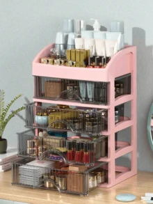 1-4 Layers Large Capacity Drawer Style Makeup Organizer Box, Plastic Cosmetic Storage Box, Lipstick Holder, Office Supplies Storage Box, Jewelry Box - Baby Pink - View 1