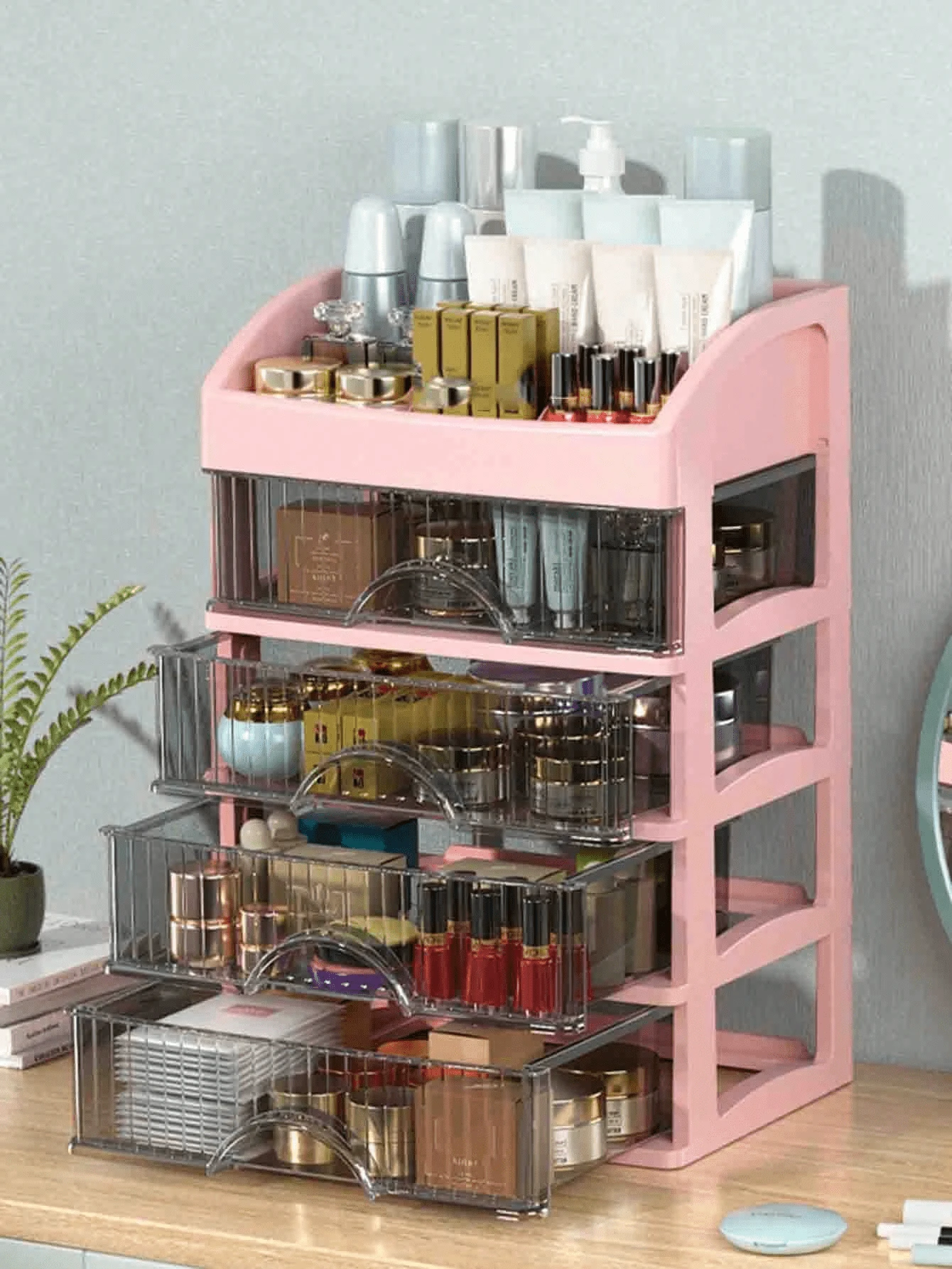 1-4 Layers Large Capacity Drawer Style Makeup Organizer Box, Plastic Cosmetic Storage Box, Lipstick Holder, Office Supplies Storage Box, Jewelry Box - Baby Pink - View 1