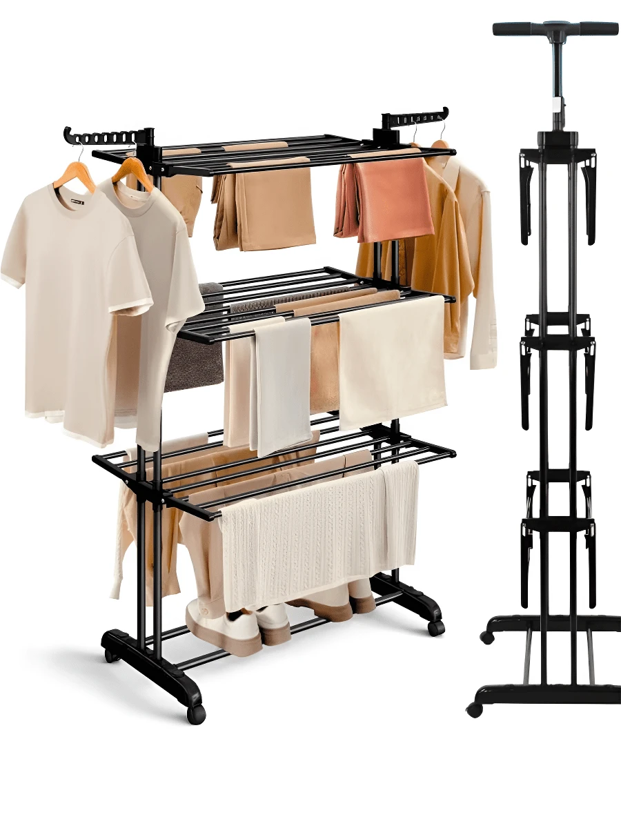 Tendedero plegable de gran capacidad para ropa y ropa interior, color negro y azul, con varillas de varios niveles + diseño de colgado lateral. Alta capacidad y ahorro de espacio, adecuado para balcón y lavandería. Diseño independiente con 4 ruedas, 4 niveles de secado, ancho ajustable y alas plegables. - Multicolor - Ver 1