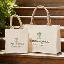 Customized Personalized Wedding Woven Tote Bag - Can Customize Name And Date, Palm Tree Pattern Design, Natural Canvas And Palm Woven Handles - Suitable For Beach Wedding, Garden Wedding, Bridal Party Or Honeymoon Gift, Customized Fashionable Unique Personalized Wedding Palm Woven Tote Bag - Name And Date, Palm Tree Pattern, Beach Style - Bridal Party And Honeymoon Gift - Multicolor - View 7