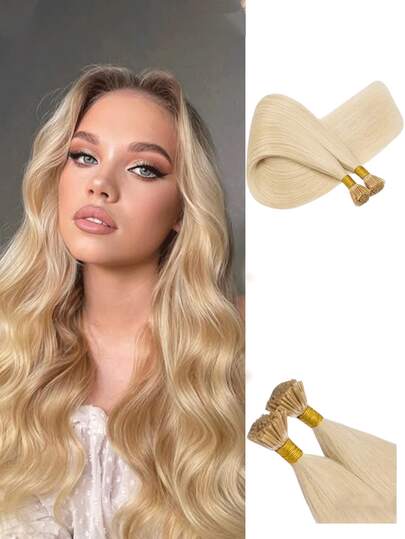 #613 Tóc nối thật, tóc kiểu I-tip, dài 18-28 inch, màu vàng.