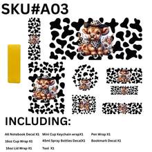 【7件套UV DTF贴纸套装+1个工具】 - 高地牛图案，包含16盎司杯套x1、A6笔记本贴纸x1、迷你杯钥匙扣贴纸x1、瓶贴x1、笔套x1、书签x1、杯盖贴纸x1以及工具x1 - 易于粘贴，经久耐用，套装，组合装，复活节/母亲节/父亲节礼物之选 - Highland Cow design - 查看 16