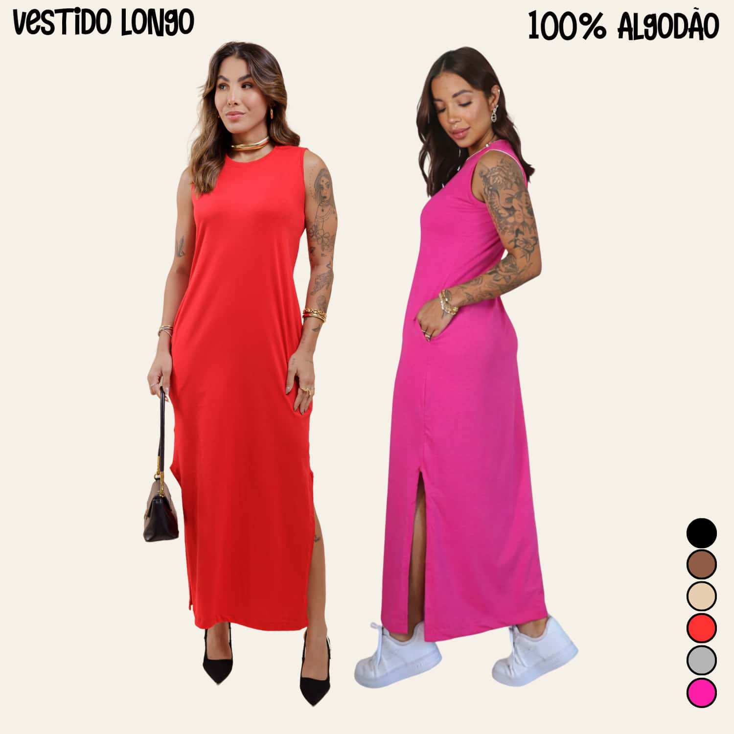 Women's Long Dress Set With Side Slit And Pockets - Red + Pink - View 1