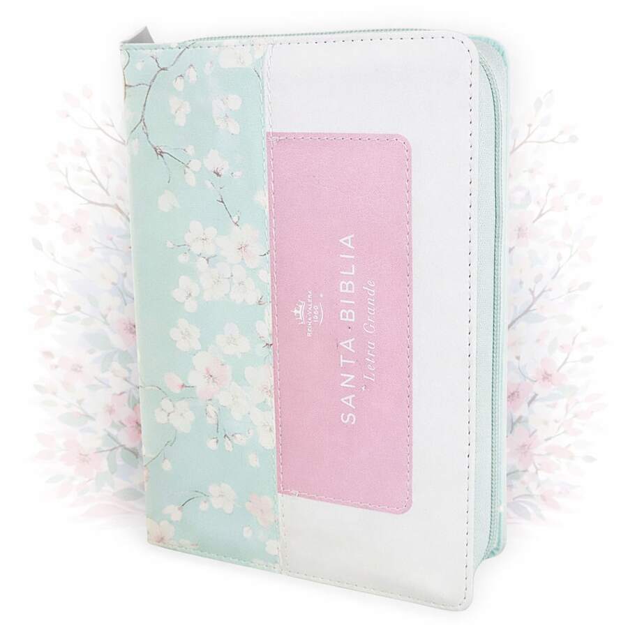 Biblia Con Cierre Para Mujer Portatil Letra Grande 12 Puntos RV1960, Imit Piel Tricolor Azul/Rosa/Blanco Con Indice Y Canto Floral - Single Book - View 1