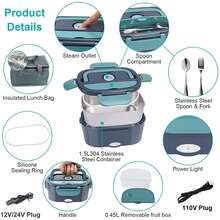 50.72oz Insulated Lunch Box, Portable Fast Heating Food Warmer, Stainless Steel Food Container With Tray, Multi-Voltage 12V/24V/110V, For Office Kitchen Travel Car Truck Outdoor Use - 查看 3