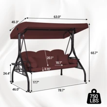 BOSMILLER 3-Seat Outdoor Porch Swing With Adjustable Canopy, 2 In 1 Convertible Patio Swing Bed, Patio Glider Swing For Backyard, Red - Red - View 3