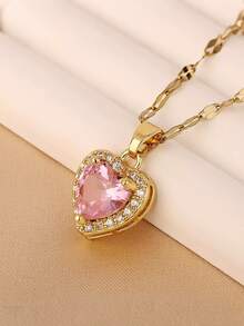 1pc Elegant Heart-Shaped Copper Pendant Necklace, Heart Necklace, Cubic Zirconia, Stainless Steel Chain, Summer Jewelry Gift, Suitable For Girls And Women - Multicolor - View 5