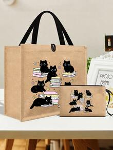 2 pièces/set Sac fourre-tout en jute imprimé chat mignon avec pochette intérieure, sac à bandoulière en canevas spacieux avec sac de rangement assorti, convient pour un usage quotidien pour transporter des épiceries, des livres, des articles essentiels, idéal pour les amateurs de chats, les femmes, les étudiants, les navetteurs, parfait pour les sorties de tous les jours, les courses, l'école, le marché fermier, peut également être utilisé comme sac à main décontracté. - Multicolore - Voir 13