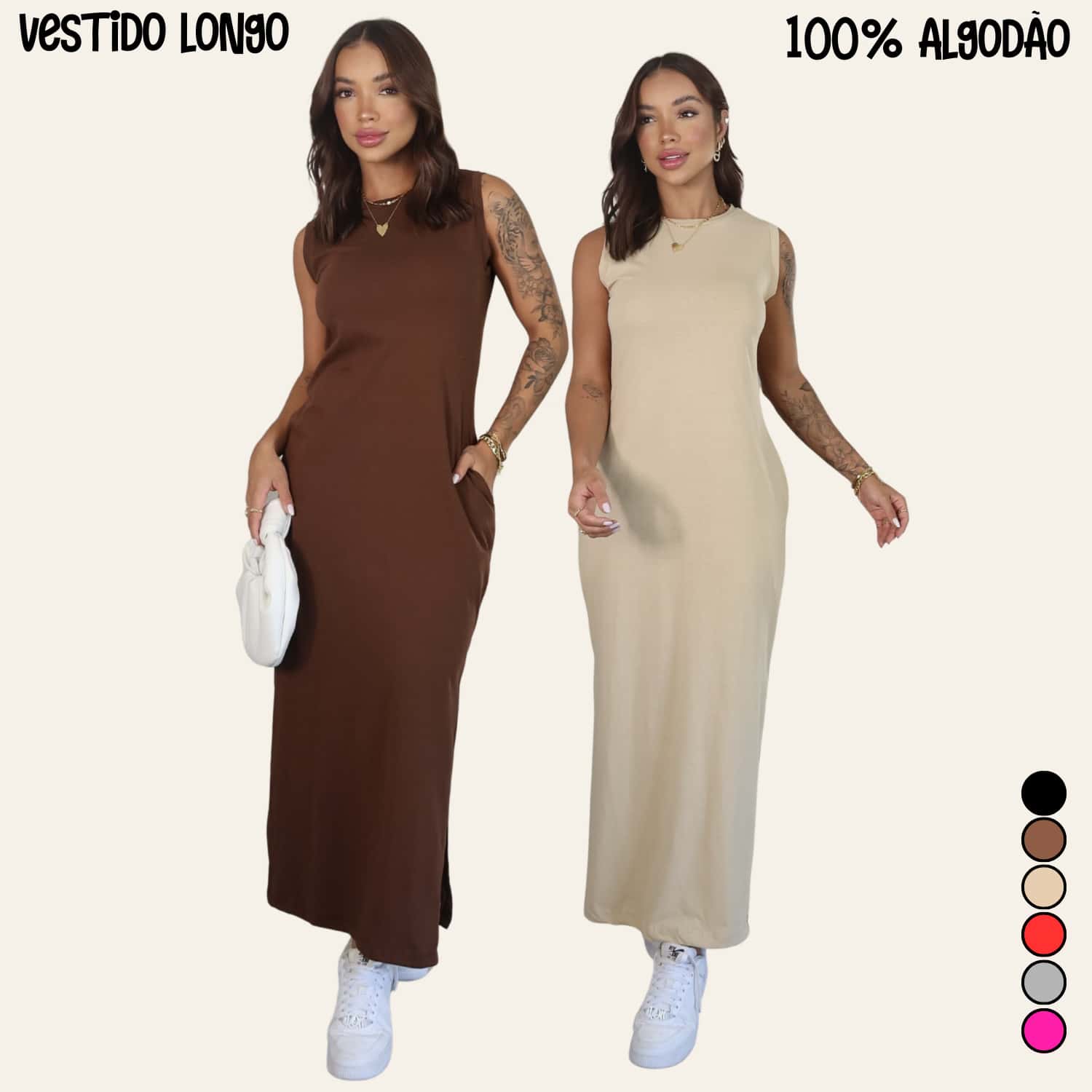 Kit Vestido Feminino Longo Fenda lateral com bolsos